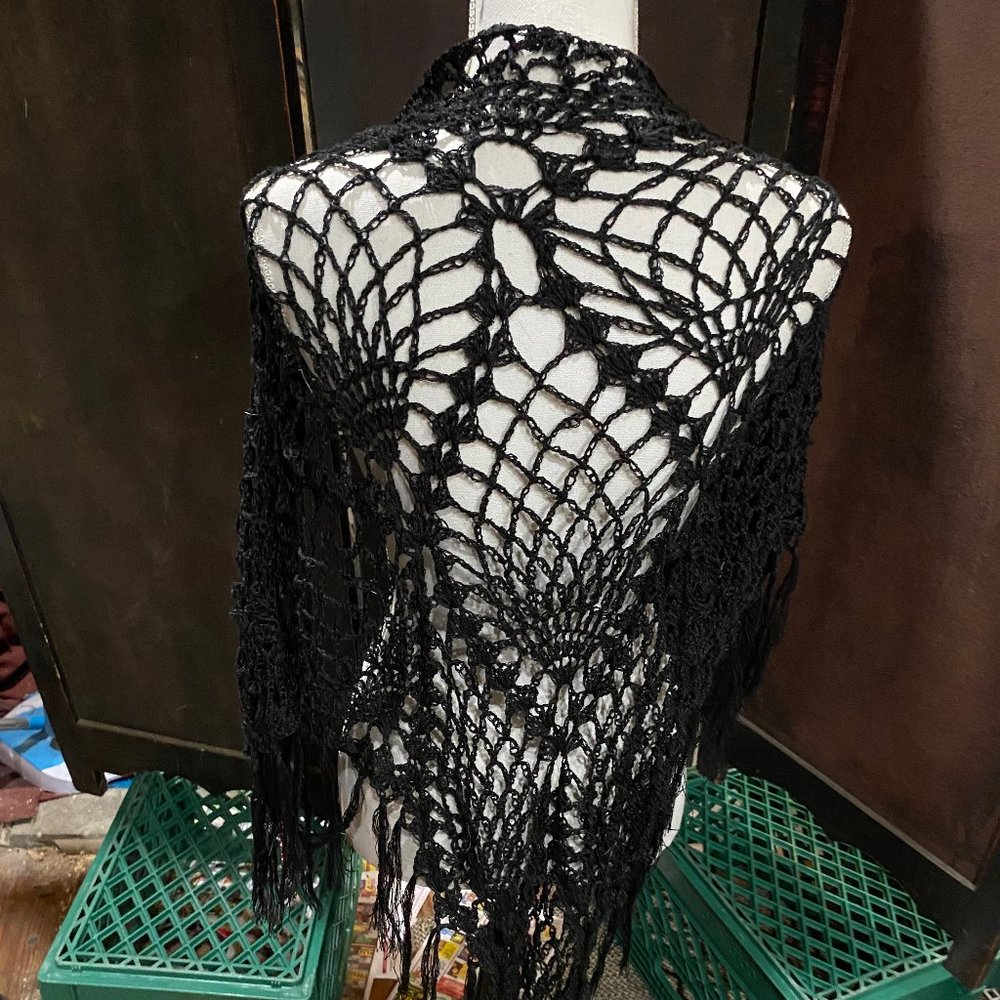 Triangle Shawl Wrap Scarf  Handmade Hand Crochet Crocheted Black